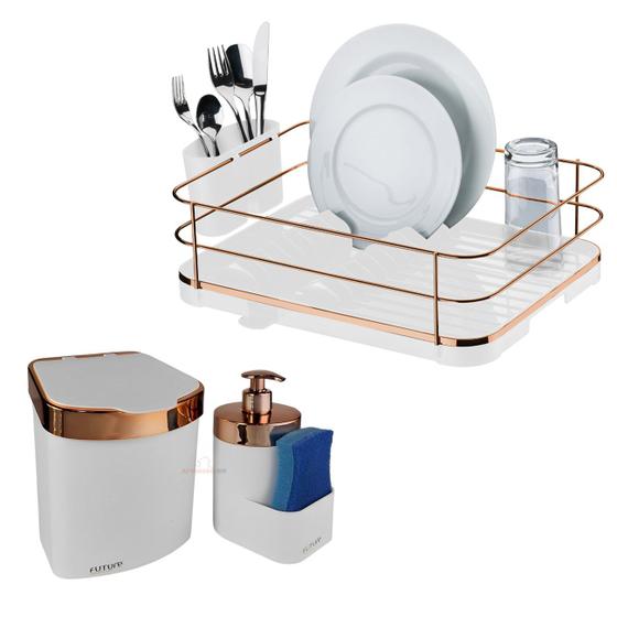 Imagem de Kit Escorredor De Louça Talheres Lixeira 2,5L Dispenser Porta Detergente Cozinha Branco Rose Gold - Future