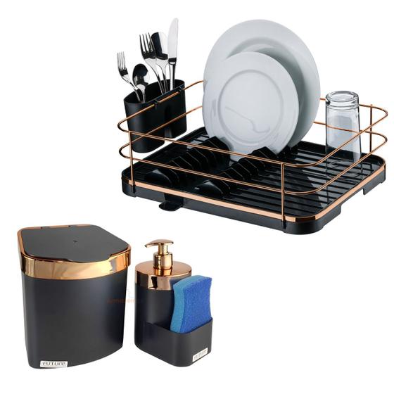 Imagem de Kit Escorredor De Louça Talheres Lixeira 2,5L Dispenser Porta Detergente Cozinha Preto Rose Gold - Future