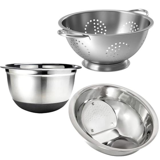 Imagem de Kit Escorredor de Massa, Lavador de Arroz e Bowl Inox Antiderrapante 3 Peças