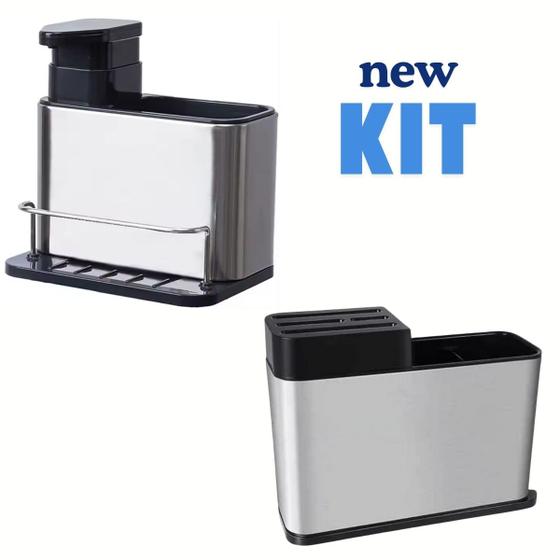 Imagem de Kit: Escorredor de Talheres com Suporte de Facas + Porta Detergente Inox com Dispenser para Sabão e Esponja