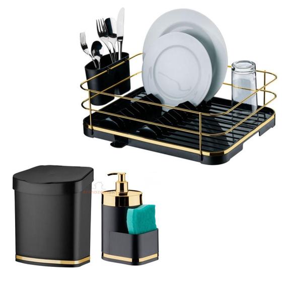 Imagem de Kit Escorredor Lixeira Dispenser Cozinha Preto Dourado