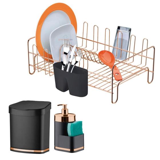 Imagem de Kit Escorredor Lixeira Dispenser Cozinha Preto Rose Gold