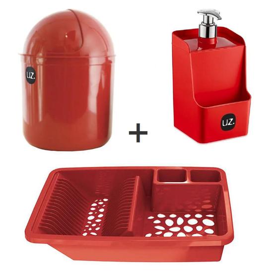 Imagem de Kit Escorredor Louça/Lixeira/Porta Detergente Vermelho - Uz