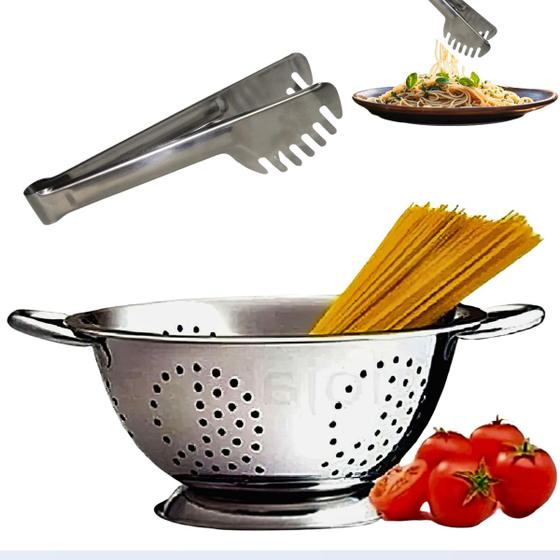 Imagem de Kit Escorredor Macarrão Pegador Massa Inox Utensílio Cozinha