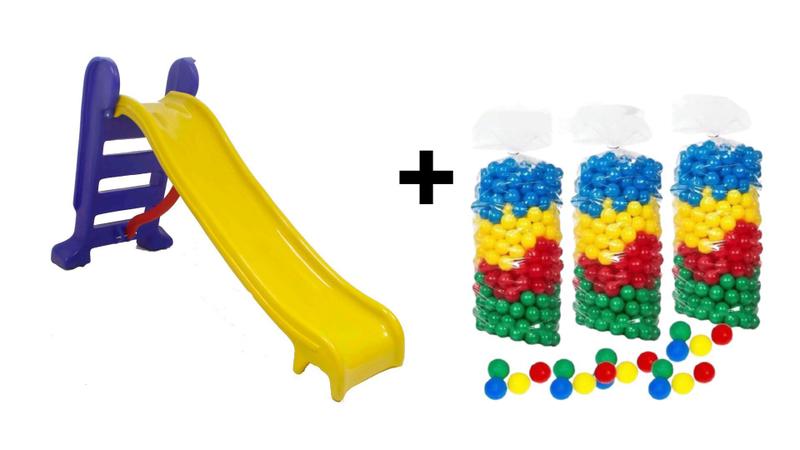 Imagem de Kit Escorregador médio Amarelo c/ Azul e 50 Bolinhas para piscina de bolinhas - para as crijnças brincarem e se divertir