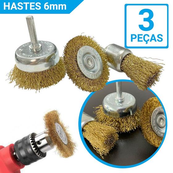 Imagem de Kit Escova de Aço Circular Para Furadeira Com Haste 3 Peças Profissional Hastes 6mm Circular Pincel Copo