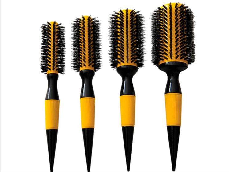 Imagem de kit escova de cabelo profissional cerâmica amarela com cerdas de javali escobel