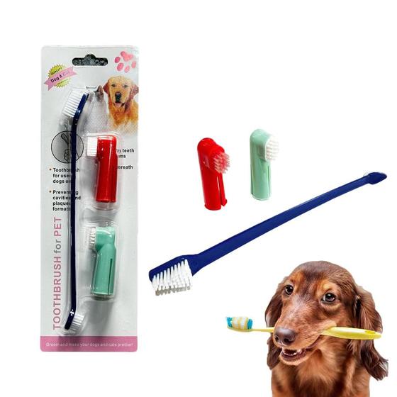 Imagem de  Kit Escova de Dente Dupla para Cães e Gato Pet com 2 Dedeira Higiêne Bucal Cachorro 3 Peças