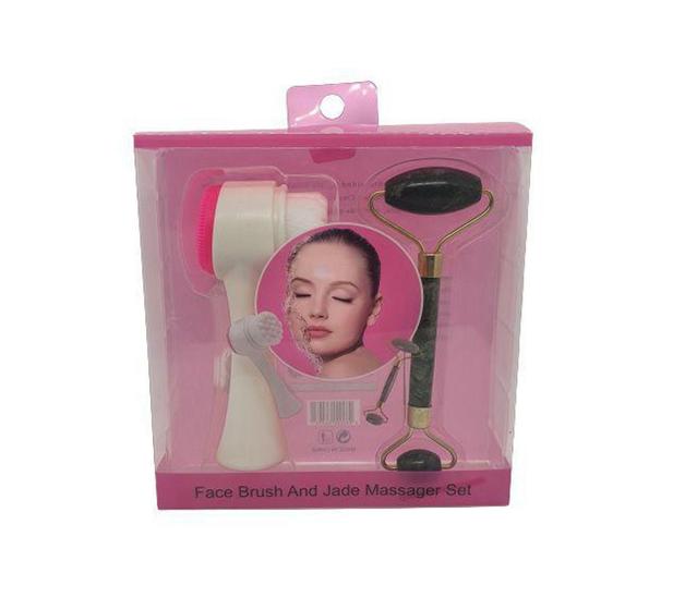 Imagem de Kit Escova de Limpeza Facial + Massageador Roller Jade duplo, Face Brush , Jade  Face Brush and Jade