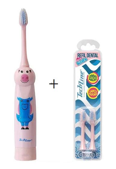 Imagem de Kit Escova Dental Infantil + Refil Rosa - Porco Techline