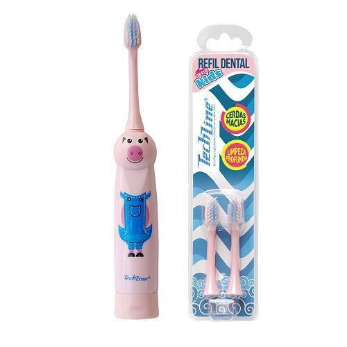 Imagem de Kit Escova Dental Infantil + Refil Rosa - Porco Techline