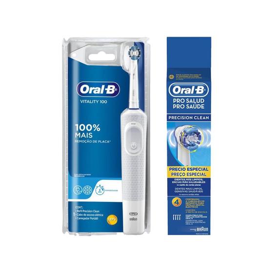 Imagem de Kit Escova Elétrica Oral-B Vitality Precision Clean - 110v + Refil  Precision Clean c/ 4 un Premium