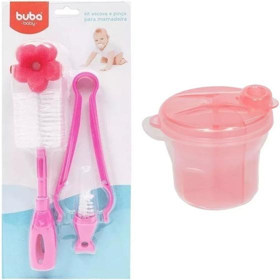 Imagem de Kit Escova Para Mamadeiras e Pinça + Dosador Leite Pó Rosa Buba