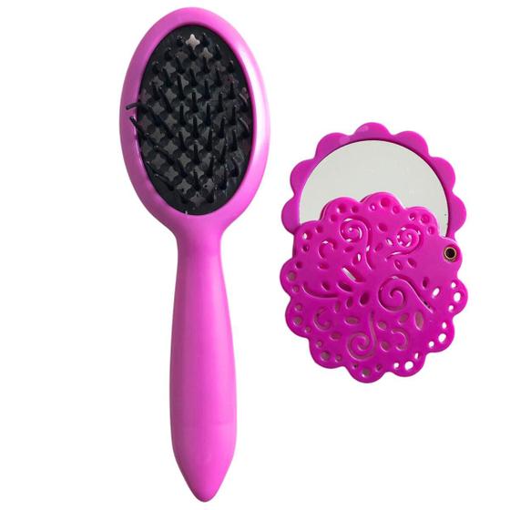 Imagem de Kit Escova Rosa para cabelo Infantil com Espelho Inquebrável