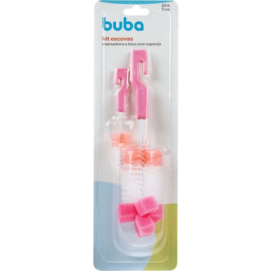 Imagem de Kit escovas mamadeira e bico com esponja rosa buba