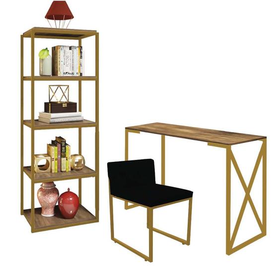 Imagem de Kit Escritório Bex 1 Cadeira material sintético Preto com 1 Mesa e 1 Livreiro Ferro Dourado MDF Rústico - Ahazzo Móveis