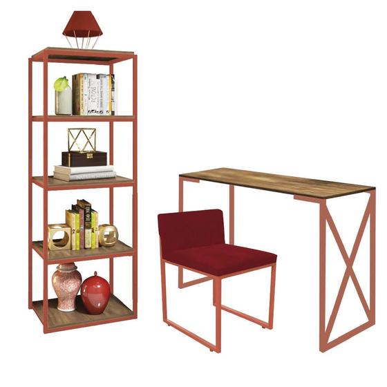 Imagem de Kit Escritório Bex 1 Cadeira material sintético Vermelho com 1 Mesa e 1 Livreiro Ferro Bronze MDF Freijó - Ahazzo Móveis