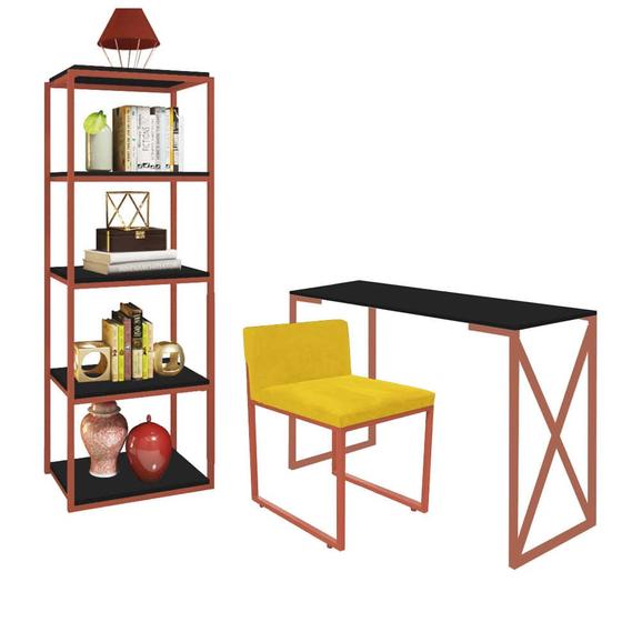 Imagem de Kit Escritório Bex 1 Cadeira Suede Amarelo com 1 Mesa e 1 Livreiro Ferro Bronze MDF Preto - Ahazzo Móveis