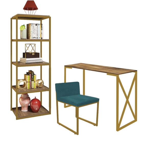 Imagem de Kit Escritório Bex 1 Cadeira Suede Azul Turquesa com 1 Mesa e 1 Livreiro Ferro Dourado MDF Castanho - Ahazzo Móveis