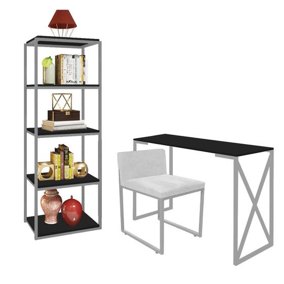 Imagem de Kit Escritório Bex 1 Cadeira Suede Branco com 1 Mesa e 1 Livreiro Ferro Cinza MDF Preto - Ahazzo Móveis