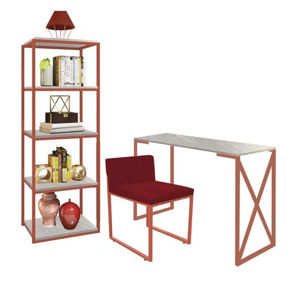 Imagem de Kit Escritório Bex 1 Cadeira Suede Vermelho com 1 Mesa e 1 Livreiro Ferro Bronze MDF Marmorizado Cinza - Ahazzo Móveis