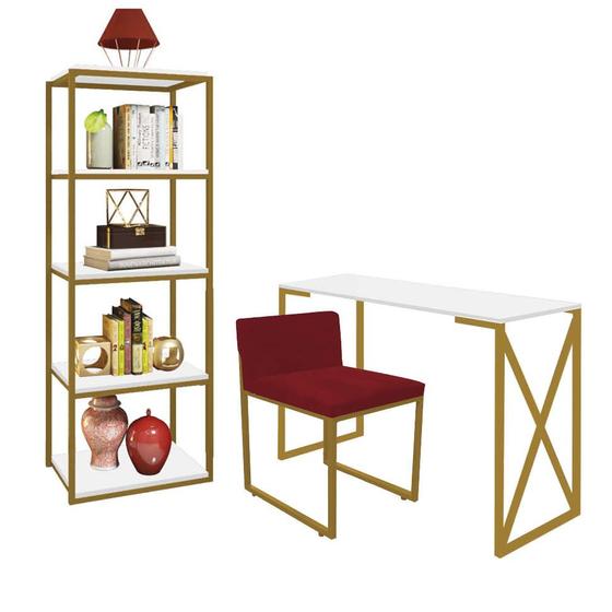 Imagem de Kit Escritório Bex 1 Cadeira Suede Vermelho com 1 Mesa e 1 Livreiro Ferro Dourado MDF Branco - Ahazzo Móveis