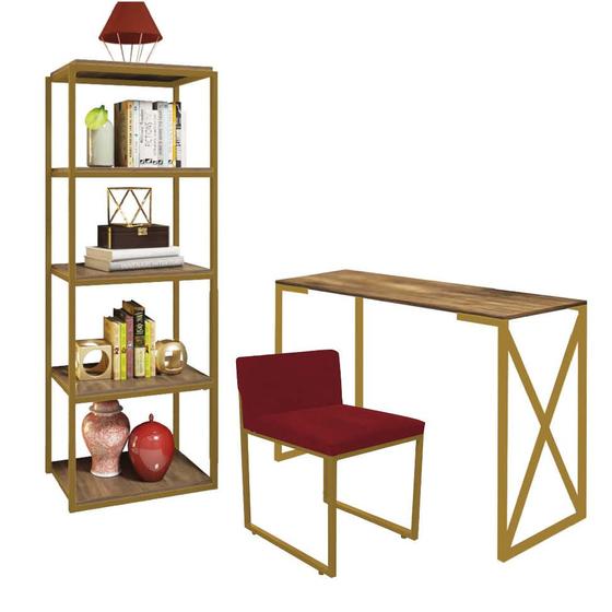 Imagem de Kit Escritório Bex 1 Cadeira Suede Vermelho com 1 Mesa e 1 Livreiro Ferro Dourado MDF Imbuia - Ahazzo Móveis