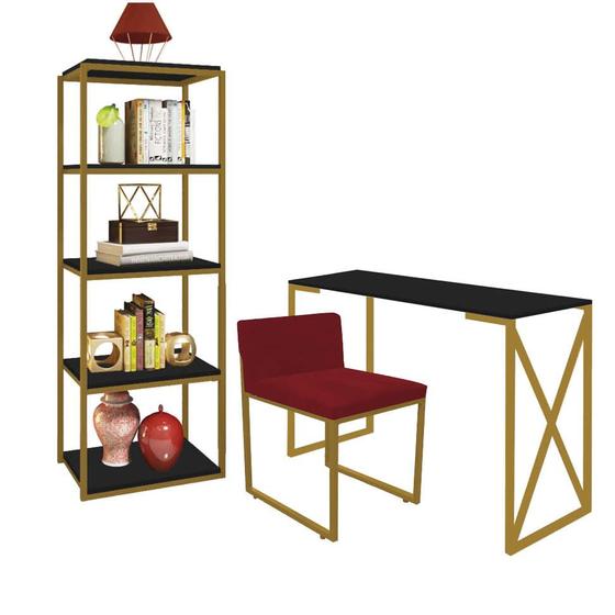 Imagem de Kit Escritório Bex 1 Cadeira Suede Vermelho com 1 Mesa e 1 Livreiro Ferro Dourado MDF Preto - Ahazzo Móveis