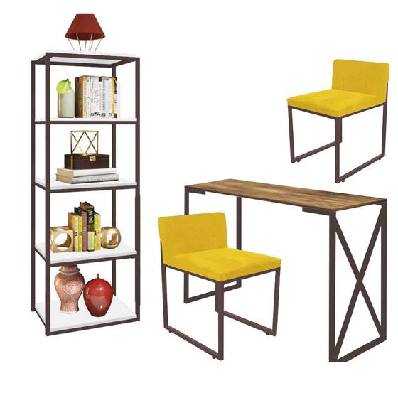 Imagem de Kit Escritório Bex 2 Cadeiras material sintético Amarelo com 1 Mesa e 1 Livreiro Ferro Marrom MDF Rústico - Ahazzo Móveis