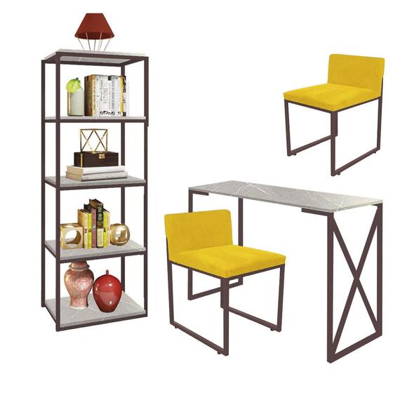 Imagem de Kit Escritório Bex 2 Cadeiras Suede Amarelo com 1 Mesa e 1 Livreiro Ferro Marrom MDF Marmorizado Cinza - Ahazzo Móveis