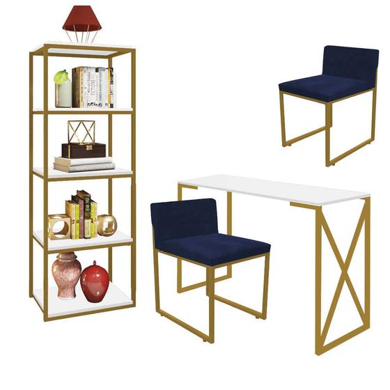 Imagem de Kit Escritório Bex 2 Cadeiras Suede Azul Marinho com 1 Mesa e 1 Livreiro Ferro Dourado MDF Branco - Ahazzo Móveis