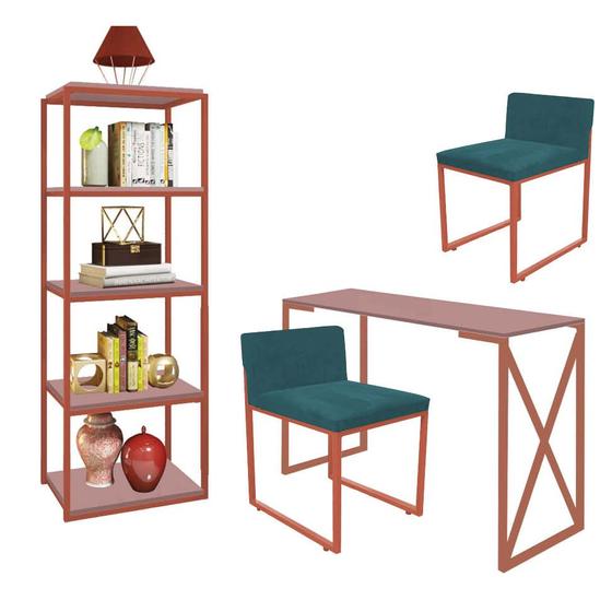 Imagem de Kit Escritório Bex 2 Cadeiras Suede Azul Turquesa com 1 Mesa e 1 Livreiro Ferro Bronze MDF Rose Rosa - Ahazzo Móveis