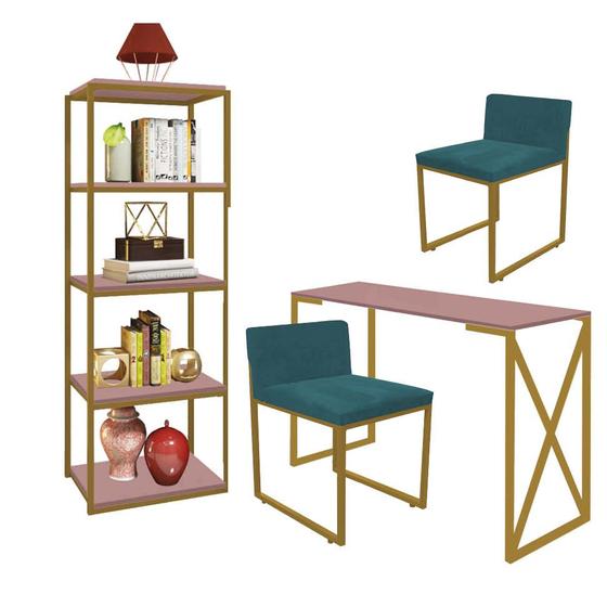 Imagem de Kit Escritório Bex 2 Cadeiras Suede Azul Turquesa com 1 Mesa e 1 Livreiro Ferro Dourado MDF Rose Rosa - Ahazzo Móveis