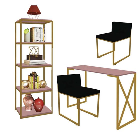 Imagem de Kit Escritório Bex 2 Cadeiras Suede Preto com 1 Mesa e 1 Livreiro Ferro Dourado MDF Rose Rosa - Ahazzo Móveis