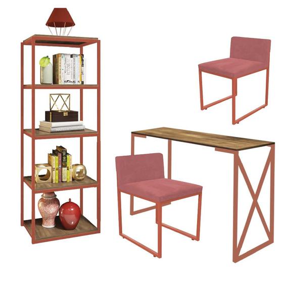 Imagem de Kit Escritório Bex 2 Cadeiras Suede Rose com 1 Mesa e 1 Livreiro Ferro Bronze MDF Imbuia - Ahazzo Móveis