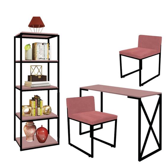 Imagem de Kit Escritório Bex 2 Cadeiras Suede Rose com 1 Mesa e 1 Livreiro Ferro Preto MDF Rose Rosa - Ahazzo Móveis