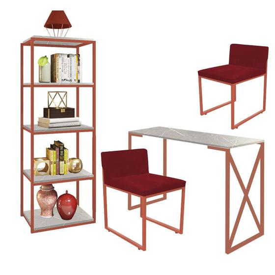 Imagem de Kit Escritório Bex 2 Cadeiras Suede Vermelho com 1 Mesa e 1 Livreiro Ferro Bronze MDF Marmorizado Cinza - Ahazzo Móveis