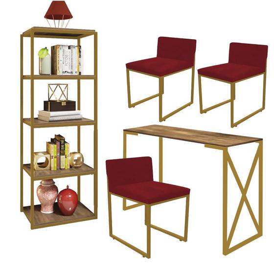 Imagem de Kit Escritório Bex 3 Cadeiras material sintético Vermelho com 1 Mesa e 1 Livreiro Ferro Dourado MDF Imbuia - Ahazzo Móveis