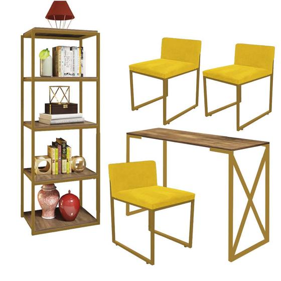 Imagem de Kit Escritório Bex 3 Cadeiras Suede Amarelo com 1 Mesa e 1 Livreiro Ferro Dourado MDF Carvalho - Ahazzo Móveis