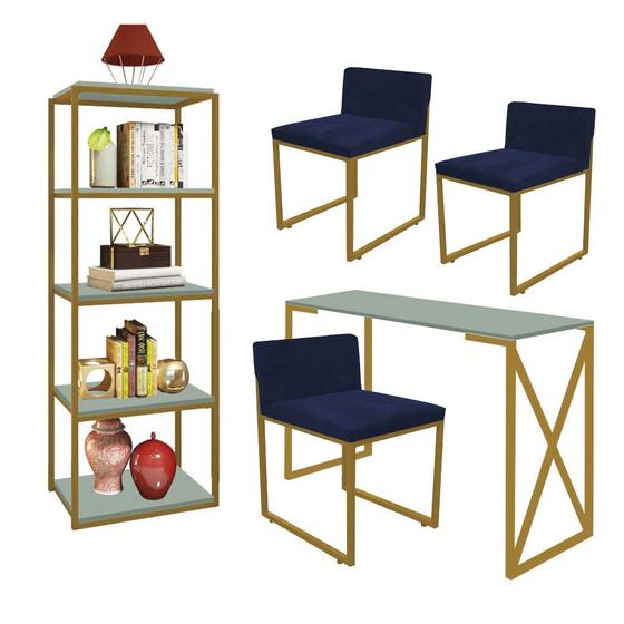 Imagem de Kit Escritório Bex 3 Cadeiras Suede Azul Marinho com 1 Mesa e 1 Livreiro Ferro Dourado MDF Verde Oliva - Ahazzo Móveis