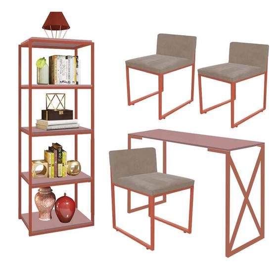 Imagem de Kit Escritório Bex 3 Cadeiras Suede Bege com 1 Mesa e 1 Livreiro Ferro Bronze MDF Rose Rosa - Ahazzo Móveis