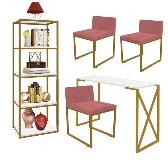 Imagem de Kit Escritório Bex 3 Cadeiras Suede Rose com 1 Mesa e 1 Livreiro Ferro Dourado MDF Branco - Ahazzo Móveis