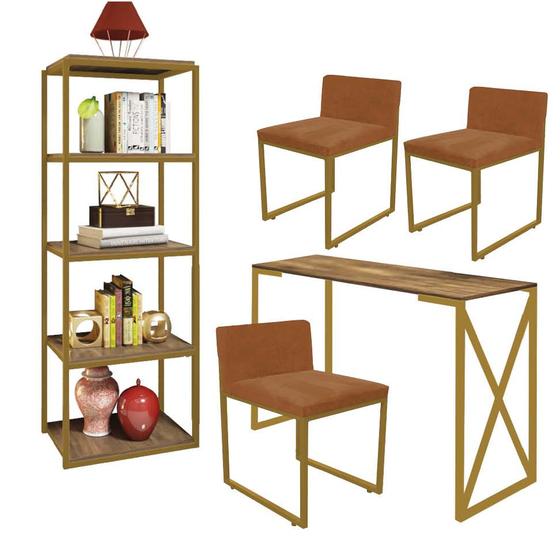 Imagem de Kit Escritório Bex 3 Cadeiras Suede Terracota com 1 Mesa e 1 Livreiro Ferro Dourado MDF Imbuia - Ahazzo Móveis