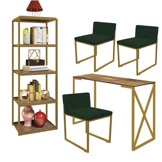 Imagem de Kit Escritório Bex 3 Cadeiras Suede Verde com 1 Mesa e 1 Livreiro Ferro Dourado MDF Caramelo - Ahazzo Móveis