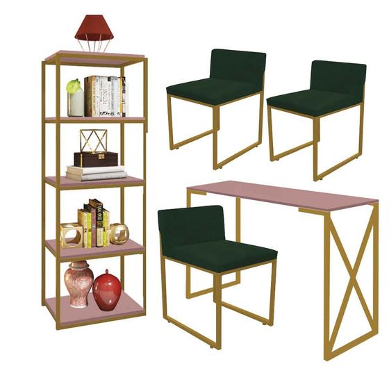 Imagem de Kit Escritório Bex 3 Cadeiras Suede Verde com 1 Mesa e 1 Livreiro Ferro Dourado MDF Rose Rosa - Ahazzo Móveis