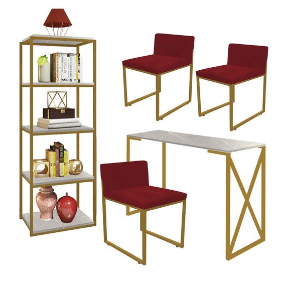 Imagem de Kit Escritório Bex 3 Cadeiras Suede Vermelho com 1 Mesa e 1 Livreiro Ferro Dourado MDF Marmorizado Cinza - Ahazzo Móveis