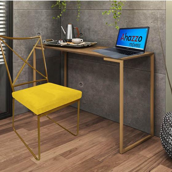 Imagem de Kit Escritório Clark Cadeira e Mesa Industrial Ferro Dourado Tampo MDF Imbuia material sintético Amarelo - Ahazzo Móveis