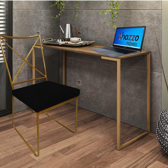 Imagem de Kit Escritório Clark Cadeira e Mesa Industrial Ferro Dourado Tampo MDF Imbuia Suede Preto - Ahz Móveis