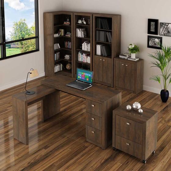 Imagem de Kit Escritório Com 3 Estantes Mesa em L Balcão e Gaveteiro