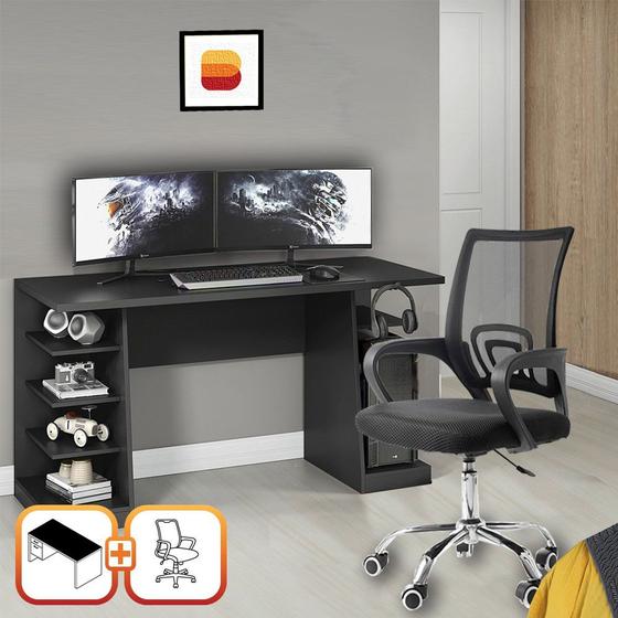 Kit Escritorio Completo com Mesa Escrivaninha 6 prateleiras e Cadeira Executiva Madri Preto Menor preço em Kit Escritorio Completo com Mesa Escrivaninha 6 prateleiras e Cadeira Executiva Madri Preto